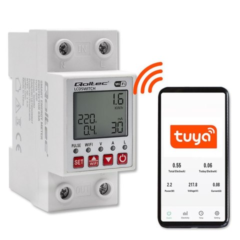 Qoltec Przekaźnik 63A na szynę DIN z licznikiem energii elektrycznej | Timer | Tuya | Wi-Fi | LED