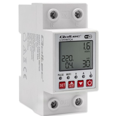 Qoltec Przekaźnik 63A na szynę DIN z licznikiem energii elektrycznej | Timer | Tuya | Wi-Fi | LED