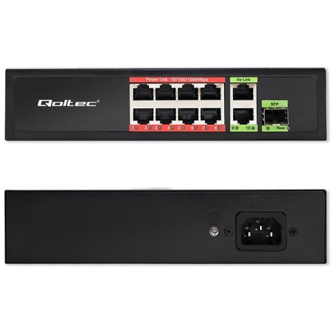 Qoltec Przełącznik sieciowy SWITCH FAST Ethernet PoE 8x RJ45 PoE 2x RJ45 Uplink 1x SFP | 120W | 1000 Mb