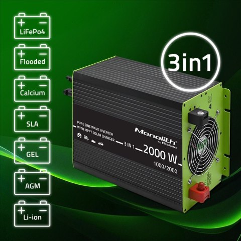 Qoltec Przetwornica solarna Monolith 3w1 z funkcją ładowania AC | MPPT | UPS | ATS | 1000W | 2000W | 12V na 230V | Czysty Sinus Qoltec Przetwornica solarna Monolith 3w1 z funkcją ładowania AC | MPPT | UPS | ATS | 1000W | 2000W | 12V na 230V | Czysty Sinus