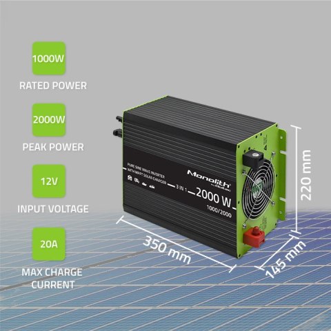 Qoltec Przetwornica solarna Monolith 3w1 z funkcją ładowania AC | MPPT | UPS | ATS | 1000W | 2000W | 12V na 230V | Czysty Sinus Qoltec Przetwornica solarna Monolith 3w1 z funkcją ładowania AC | MPPT | UPS | ATS | 1000W | 2000W | 12V na 230V | Czysty Sinus