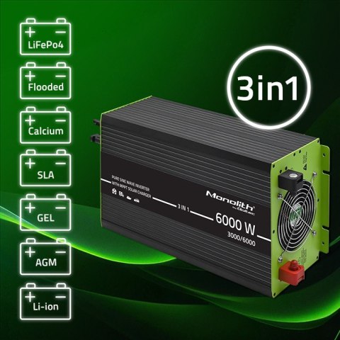 Qoltec Przetwornica solarna Monolith 3w1 z funkcją ładowania AC | MPPT | UPS | ATS | 3000W | 6000W | 12V na 230V | Czysty Sinus Qoltec Przetwornica solarna Monolith 3w1 z funkcją ładowania AC | MPPT | UPS | ATS | 3000W | 6000W | 12V na 230V | Czysty Sinus