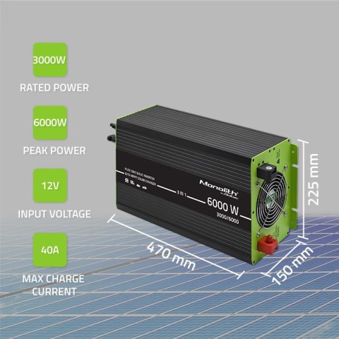 Qoltec Przetwornica solarna Monolith 3w1 z funkcją ładowania AC | MPPT | UPS | ATS | 3000W | 6000W | 12V na 230V | Czysty Sinus Qoltec Przetwornica solarna Monolith 3w1 z funkcją ładowania AC | MPPT | UPS | ATS | 3000W | 6000W | 12V na 230V | Czysty Sinus