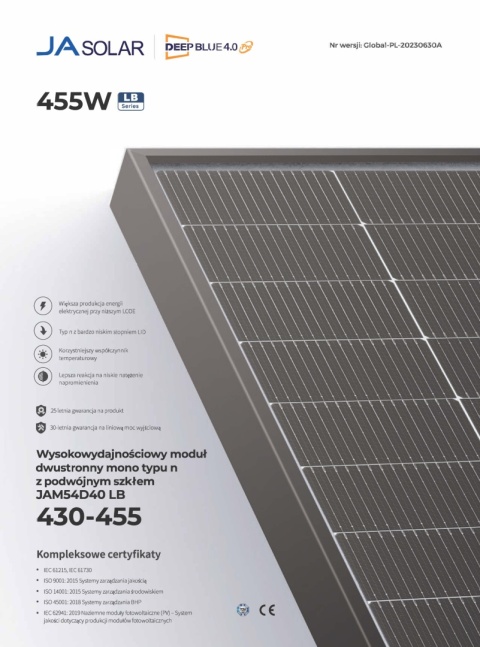 Panel JA Solar JAM54D40 455LB (BFR) (BiFacial) Panel JA Solar JAM54D40 455LB (BFR) (BiFacial)