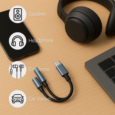 Qoltec Adapter przejściówka 2w1 USB-C | USB-C | Jack 3.5mm | PD 15W | 10cm | Aluminium