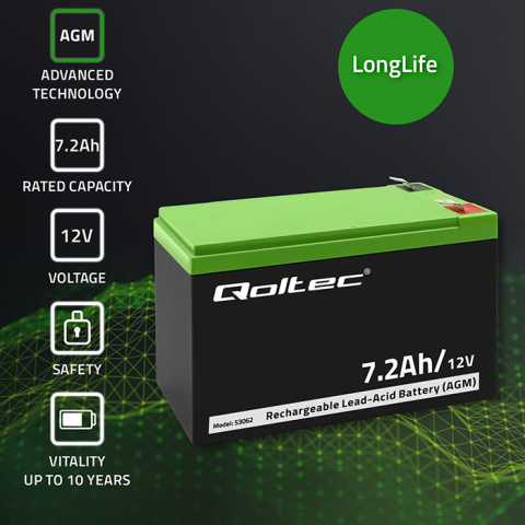 Qoltec Akumulator AGM | 12V | 7.2 Ah | max 108A Qoltec Akumulator AGM | 12V | 7.2 Ah | max 108A