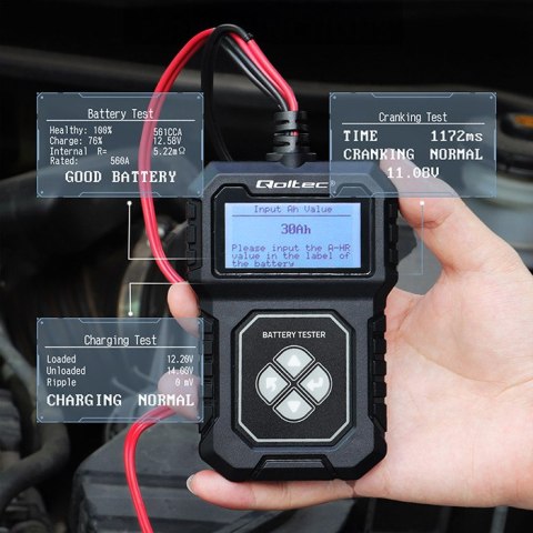 Qoltec Cyfrowy tester akumulatora z LCD | Polskie Menu | 12V | AGM | GEL | STD | 30-220AH