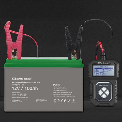 Qoltec Cyfrowy tester akumulatora z LCD | Polskie Menu | 12V | AGM | GEL | STD | 30-220AH