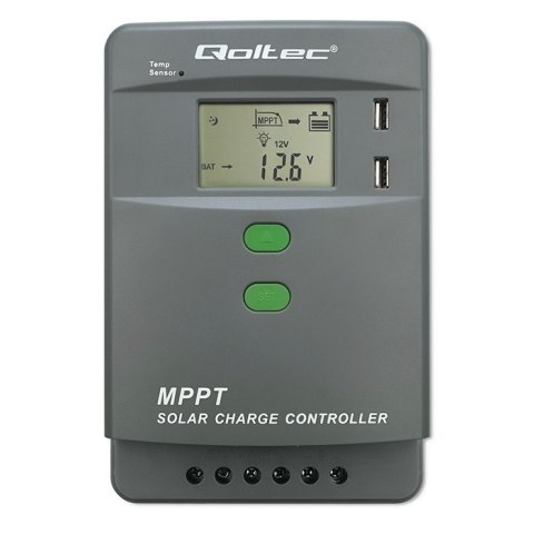 Qoltec Solarny regulator ładowania MPPT z czujnikiem temperatury 10A |12V / 24V | LCD | 2 x USB | Bluetooth | APP | GEL | LiFePO Qoltec Solarny regulator ładowania MPPT z czujnikiem temperatury 10A |12V / 24V | LCD | 2 x USB | Bluetooth | APP | GEL | LiFePO