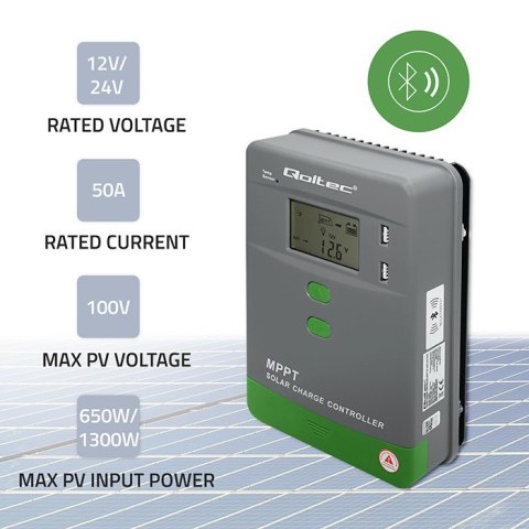 Qoltec Solarny regulator ładowania MPPT z czujnikiem temperatury 50A |12V / 24V | LCD | 2 x USB | Bluetooth | APP | GEL | LiFePO Qoltec Solarny regulator ładowania MPPT z czujnikiem temperatury 50A |12V / 24V | LCD | 2 x USB | Bluetooth | APP | GEL | LiFePO