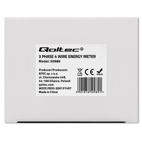 Qoltec Trójfazowy dwukierunkowy elektroniczny licznik | miernik zużycia energii na szynę DIN | 400V | 100A | LCD | 4P