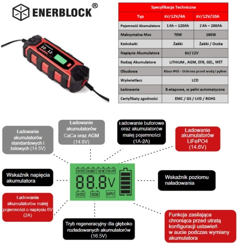 Akumulator LiFePO4 12,8V 100Ah + Prostownik Enerblock ENR12-10
