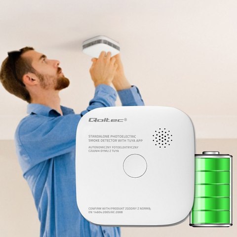 Qoltec Certyfikowany bezprzewodowy Czujnik dymu z baterią | Tuya | Wi-fi | żywotność sensora 10 lat | alarm 85dB | LED Qoltec Certyfikowany bezprzewodowy Czujnik dymu z baterią | Tuya | Wi-fi | żywotność sensora 10 lat | alarm 85dB | LED