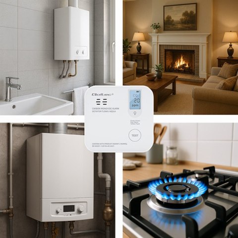 Qoltec Certyfikowany bezprzewodowy Czujnik tlenku węgla (czadu) z baterią | detektor CO | żywotność sensora 10 lat | alarm 85dB Qoltec Certyfikowany bezprzewodowy Czujnik tlenku węgla (czadu) z baterią | detektor CO | żywotność sensora 10 lat | alarm 85dB