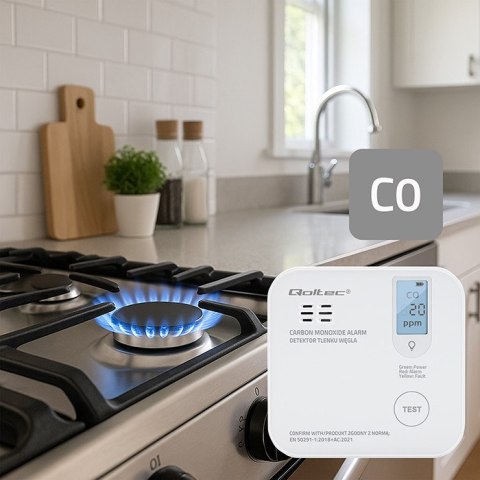 Qoltec Certyfikowany bezprzewodowy Czujnik tlenku węgla (czadu) z baterią | detektor CO | żywotność sensora 10 lat | alarm 85dB Qoltec Certyfikowany bezprzewodowy Czujnik tlenku węgla (czadu) z baterią | detektor CO | żywotność sensora 10 lat | alarm 85dB