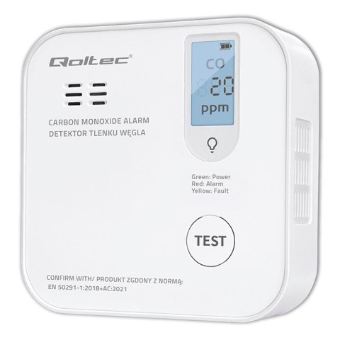Qoltec Certyfikowany bezprzewodowy Czujnik tlenku węgla (czadu) z baterią | detektor CO | żywotność sensora 10 lat | alarm 85dB Qoltec Certyfikowany bezprzewodowy Czujnik tlenku węgla (czadu) z baterią | detektor CO | żywotność sensora 10 lat | alarm 85dB