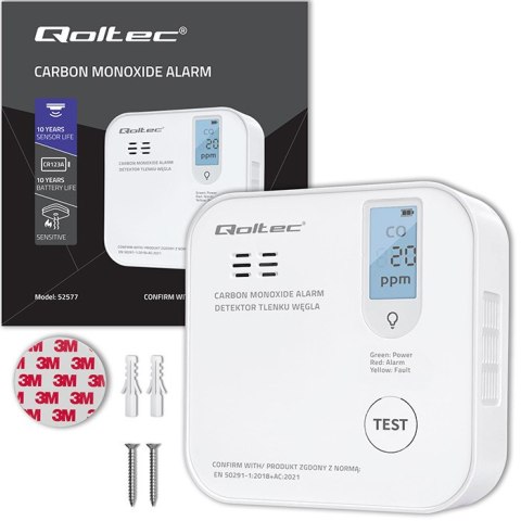 Qoltec Certyfikowany bezprzewodowy Czujnik tlenku węgla (czadu) z baterią | detektor CO | żywotność sensora 10 lat | alarm 85dB Qoltec Certyfikowany bezprzewodowy Czujnik tlenku węgla (czadu) z baterią | detektor CO | żywotność sensora 10 lat | alarm 85dB