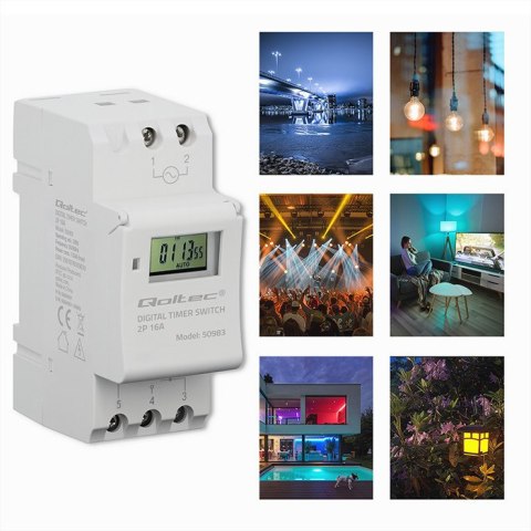 Qoltec Elektroniczny programator czasowy TIMER na szynę DIN z wbudowaną baterią | Haromonogram 7 dni | 16 programów
