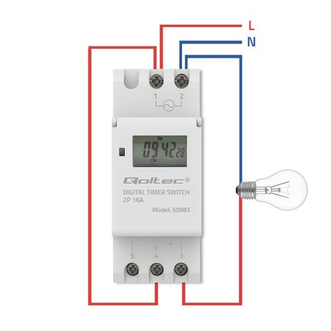 Qoltec Elektroniczny programator czasowy TIMER na szynę DIN z wbudowaną baterią | Haromonogram 7 dni | 16 programów