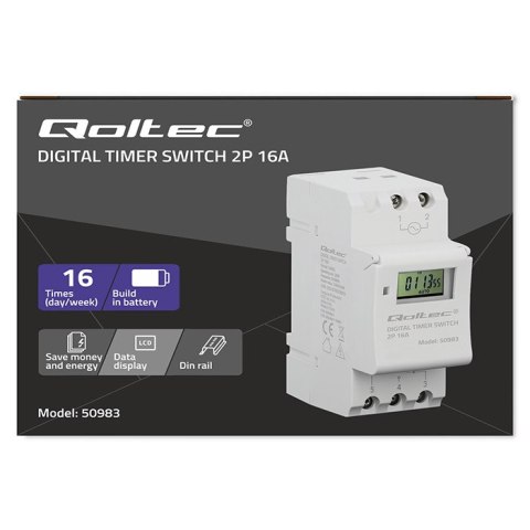 Qoltec Elektroniczny programator czasowy TIMER na szynę DIN z wbudowaną baterią | Haromonogram 7 dni | 16 programów