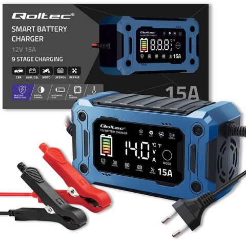 Qoltec Inteligentna mikroprocesorowa ładowarka 12V 15A | Prostownik z funkcją naprawy i podtrzymania zasilania podczas wymiany a