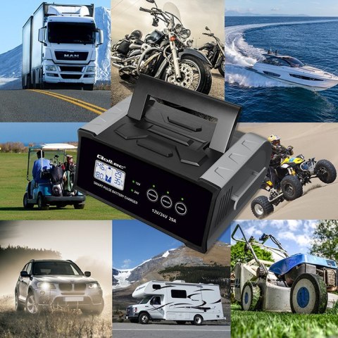 Qoltec Inteligentna mikroprocesorowa ładowarka 12V 24V 25A| Prostownik z funkcją naprawy do akumulatora AGM GEL SLA | LCD