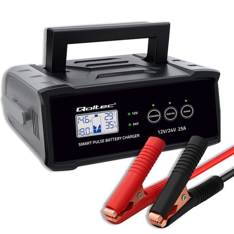 Qoltec Inteligentna mikroprocesorowa ładowarka 12V 24V 25A| Prostownik z funkcją naprawy do akumulatora AGM GEL SLA | LCD