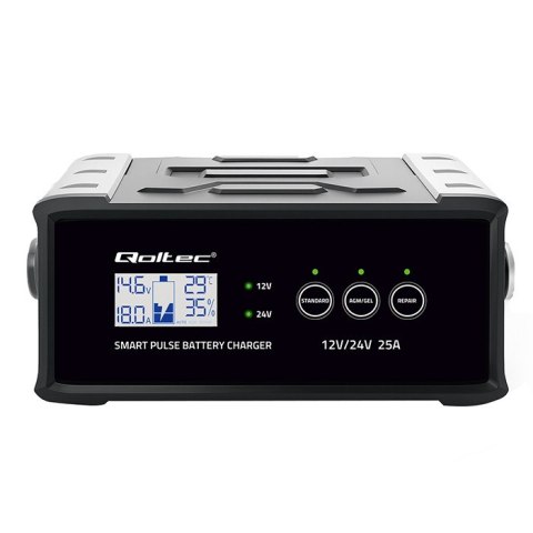 Qoltec Inteligentna mikroprocesorowa ładowarka 12V 24V 25A| Prostownik z funkcją naprawy do akumulatora AGM GEL SLA | LCD