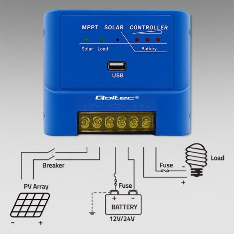 Qoltec Solarny regulator ładowania MPPT 15A do zasilania odbiorników DC i ładowania akumulatorów 12V / 24V | AGM | GEL | LiFePO4 Qoltec Solarny regulator ładowania MPPT 15A do zasilania odbiorników DC i ładowania akumulatorów 12V / 24V | AGM | GEL | LiFePO4