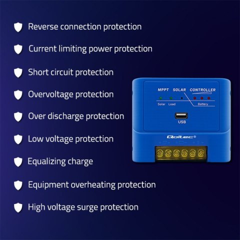 Qoltec Solarny regulator ładowania MPPT 15A do zasilania odbiorników DC i ładowania akumulatorów 12V / 24V | AGM | GEL | LiFePO4 Qoltec Solarny regulator ładowania MPPT 15A do zasilania odbiorników DC i ładowania akumulatorów 12V / 24V | AGM | GEL | LiFePO4