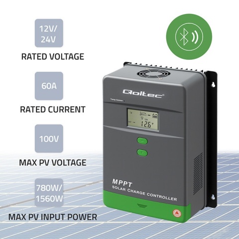 Qoltec Solarny regulator ładowania MPPT z czujnikiem temperatury 60A |12V / 24V | LCD | 2 x USB | Bluetooth | APP | GEL | LiFePO Qoltec Solarny regulator ładowania MPPT z czujnikiem temperatury 60A |12V / 24V | LCD | 2 x USB | Bluetooth | APP | GEL | LiFePO