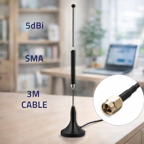 Qoltec Antena 4G LTE z podstawą magnetyczną| 5dBi | dookólna | wewnętrzna | 600-2700 MHz | SMA | 3m
