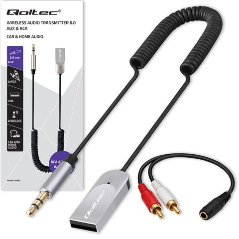 Qoltec Bezprzewodowy adapter odbiornik dźwięku Audio HiFi Home&Car| Bluetooth 6.0 | 2 x RCA | 1 x AUX 3.5mm| USB | Mikrofon
