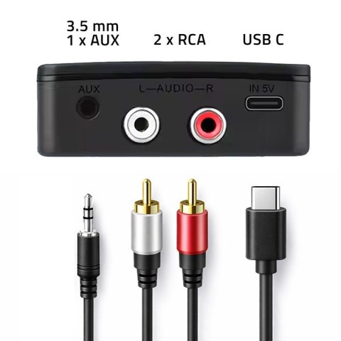 Qoltec Bezprzewodowy transmiter odbiornik Audio HiFi Home&Car| Bluetooth 6.0 | NFC | 2 x RCA | 1 x MiniJack 3.5mm| Mikrofon