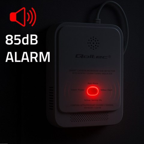 Qoltec Certyfikowany bezprzewodowy czujnik tlenku węgla (czadu) | detektor CO | alarm 85dB | LED