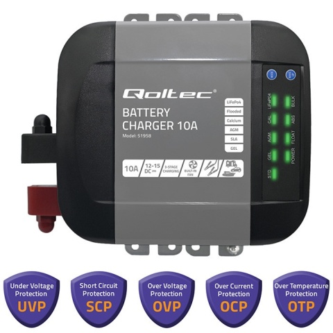 Qoltec Inteligentna ładowarka Monolith do akumulatorów LiFePO4 AGM GEL SLA | 10A | 12V