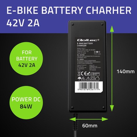 Qoltec Ładowarka do roweru elektrycznego 36V | 42V | 2A | C14-IEC-3P | +kabel zasilający