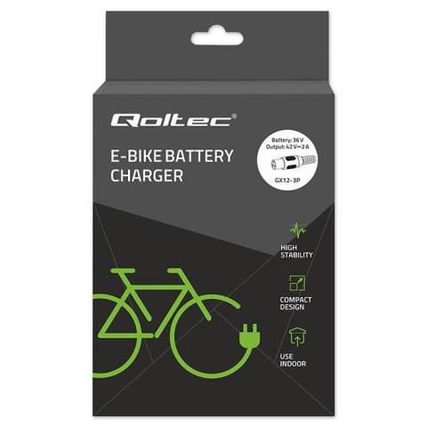 Qoltec Ładowarka do roweru elektrycznego 36V | 42V | 2A | GX12-3Pin +kabel zasilający