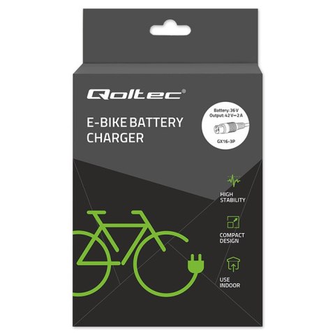 Qoltec Szybka Ładowarka do roweru elektrycznego 36V | 42V | 2A | 3P-GX16 | +kabel zasilający