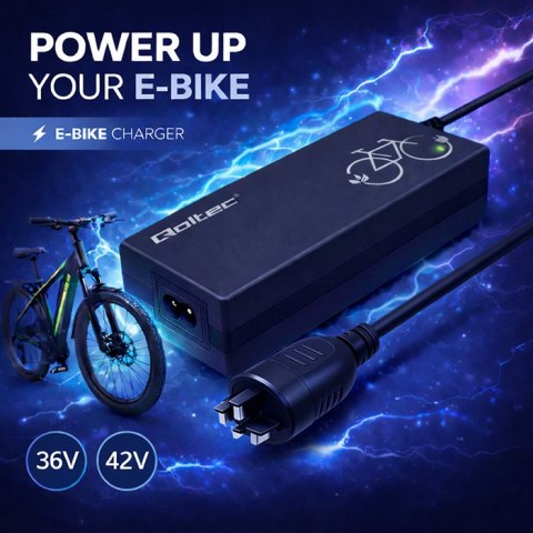 Qoltec Szybka Ładowarka do roweru elektrycznego 36V | 42V | 2A | wtyczka Bosch 3Pin +kabel zasilający