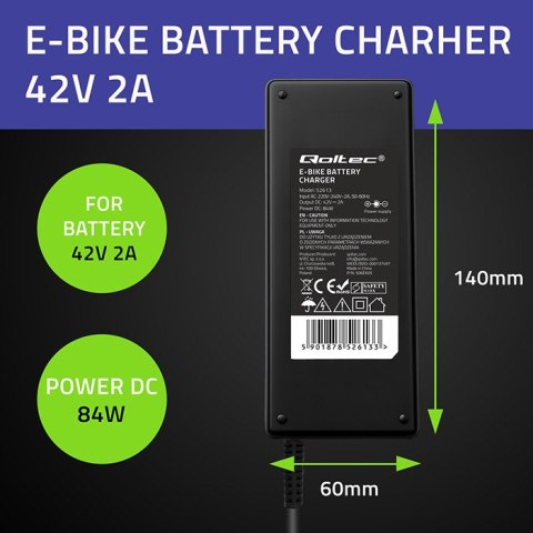 Qoltec Szybka Ładowarka do roweru elektrycznego 36V | 42V | 2A | wtyczka Bosch 3Pin +kabel zasilający