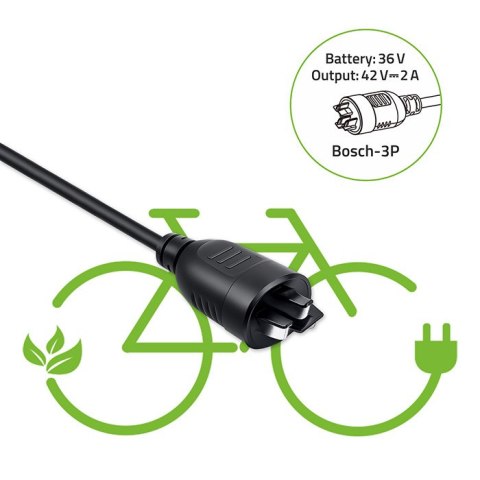 Qoltec Szybka Ładowarka do roweru elektrycznego 36V | 42V | 2A | wtyczka Bosch 3Pin +kabel zasilający