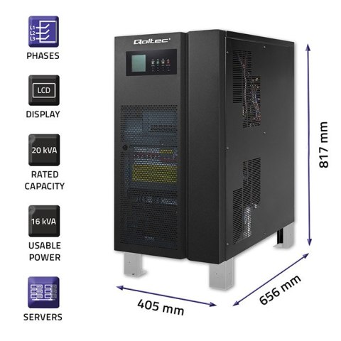 Qoltec Zasilacz awaryjny UPS 3 - fazowy | 20kVA | 16KW | LCD | EPO | SNMP | USB | On-line | Low frequency