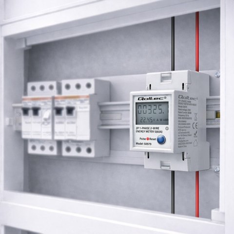 Qoltec Jednofazowy elektroniczny licznik zużycia energii na szynę DIN | RESET | licznik okresowy i stały | 230V | 60A | LCD | LE