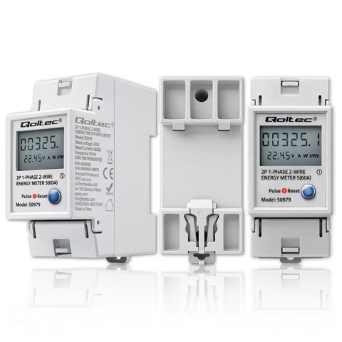 Qoltec Jednofazowy elektroniczny licznik zużycia energii na szynę DIN | RESET | licznik okresowy i stały | 230V | 60A | LCD | LE