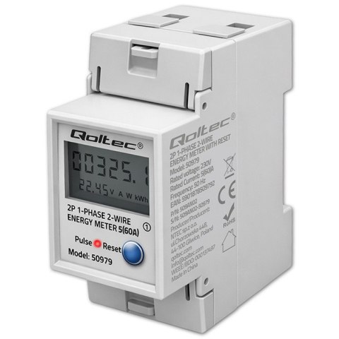 Qoltec Jednofazowy elektroniczny licznik zużycia energii na szynę DIN | RESET | licznik okresowy i stały | 230V | 60A | LCD | LE
