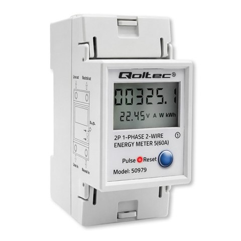 Qoltec Jednofazowy elektroniczny licznik zużycia energii na szynę DIN | RESET | licznik okresowy i stały | 230V | 60A | LCD | LE