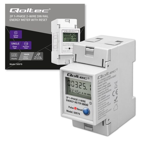 Qoltec Jednofazowy elektroniczny licznik zużycia energii na szynę DIN | RESET | licznik okresowy i stały | 230V | 60A | LCD | LE