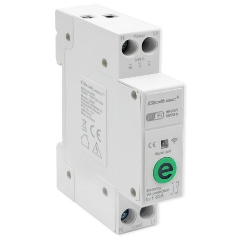 Qoltec Przekaźnik 63A na szynę DIN z licznikiem energii elektrycznej | eWeLink od Sonoff | Wi-Fi | Dioda LED