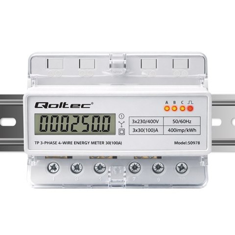 Qoltec Trójfazowy elektroniczny licznik | miernik zużycia energii na szynę DIN | 400V | 100A | LCD | LED | 7P